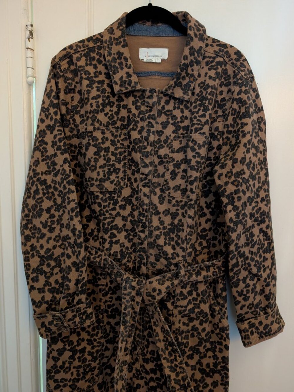 Anthropologie Leopard Denim Utility Jumpsuit Coveralls size L - Picture 3 of 5
